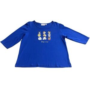 Quacker Factory Dog Lover Blue Top Embroidered 3/4 Sleeve Large QVC Embellished